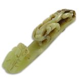 Antique Carved Celadon Jade Belt Buckle. Dragon motif. Unsigned. Good condition. Measures 4-3/4"