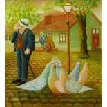 Djordje Dobric, Yugoslavian (1931-1978) Oil painting on glass "Pigeon Square" Signed and dated