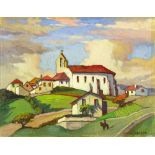 Julius M. Delbos, American (1879-1970) Oil on artists board "Mission Church" Signed lower right