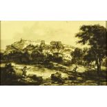 18th Century Continental Ink Wash on paper. "Landscape with Figures" Unsigned. Light toning or in