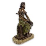 Hippolyte François Moreau, French (1832-1927) Bronze Sculpture "Girl With Guitar" On Marble Base.