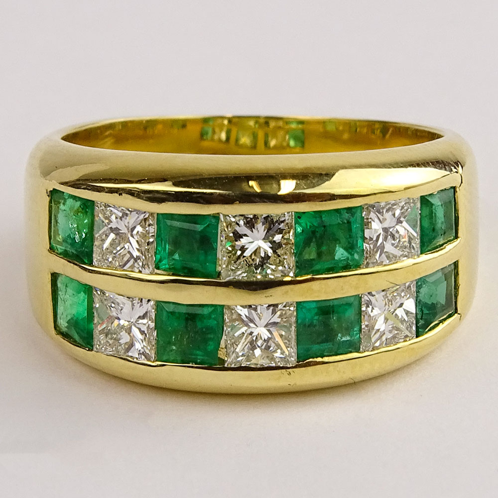Lady's Fine Emerald, Diamond and 18 Karat Yellow Gold Ring. Emeralds with vivid saturation of color. - Image 2 of 5