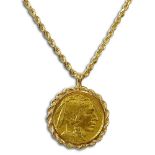 24 Karat Yellow Gold Buffalo Gold Coin Pendant in Gold Bezel and with 14 Karat Yellow Gold Rope