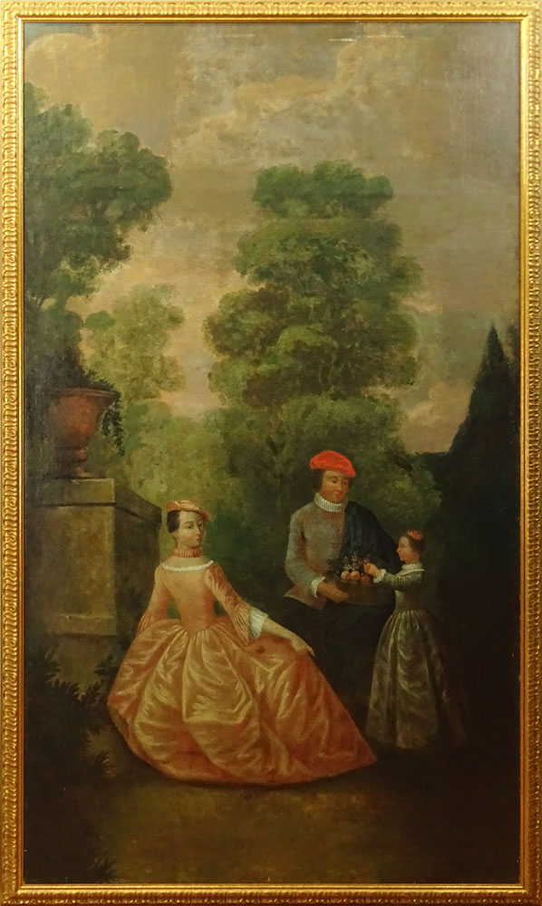 17th  Century Style French Boiserie Oil on Canvas. "Garden Landscape With Figures". Unsigned. Good - Image 2 of 4