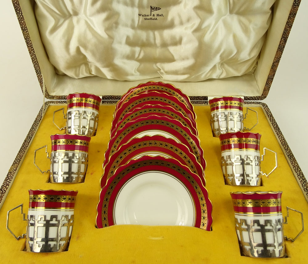 Set of 12 Mid 20th Century Aynsley Porcelain Demitasse Cups in Sterling Silver Holders and Saucers - Image 2 of 4