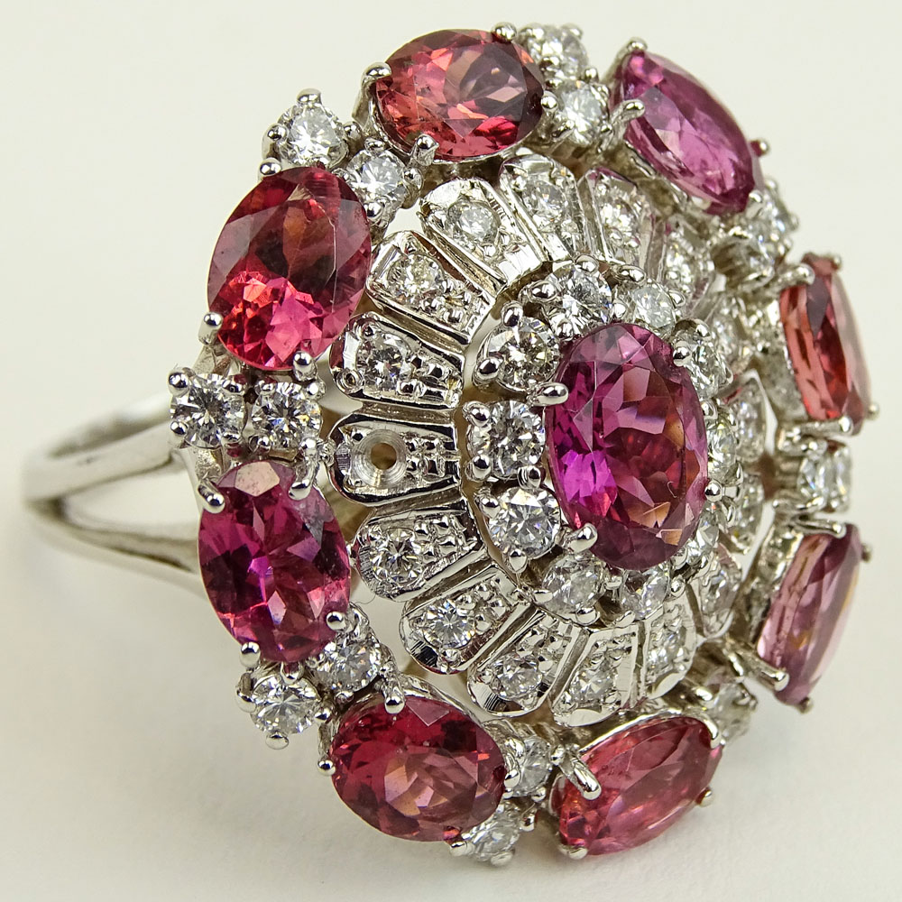 Lady's Vintage approx. 2.0 Carat Round Cut Diamond, Oval Cut Garnet and 14 Karat White Gold Ring.