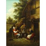 19th Century Dutch Oil on Cradled Oak Panel "Villagers". Unsigned. Good Condition or Better.