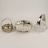 Lot of Three (3) German 800 Silver Table Top Items. Includes a silver handled crystal basket, a