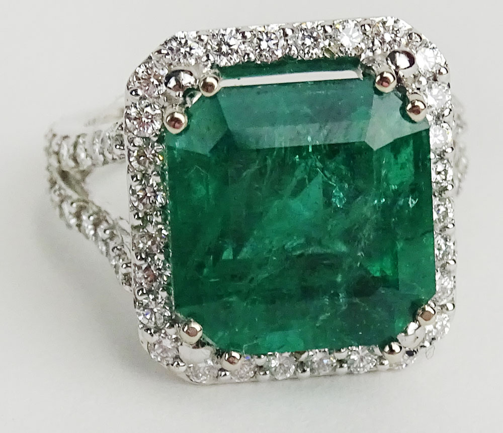 GIA Certified 9.71 Carat Octagonal Step Cut Emerald, approx. 1.21 Carat Round Cut Diamond and 18