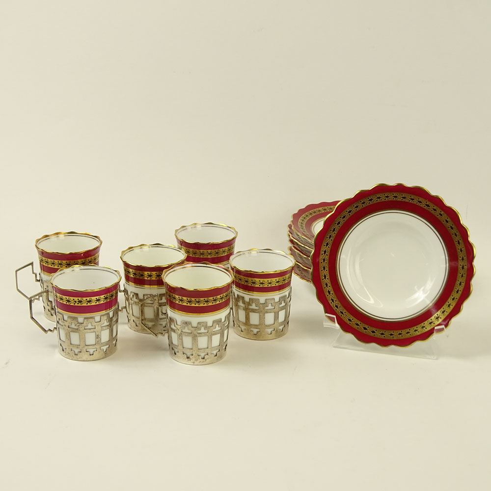 Set of 12 Mid 20th Century Aynsley Porcelain Demitasse Cups in Sterling Silver Holders and Saucers