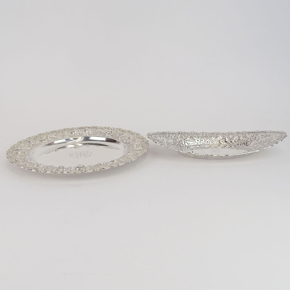 Two Vintage American Sterling Silver Floral Repousse Serving Pieces. Signed. Both Monogrammed, plate