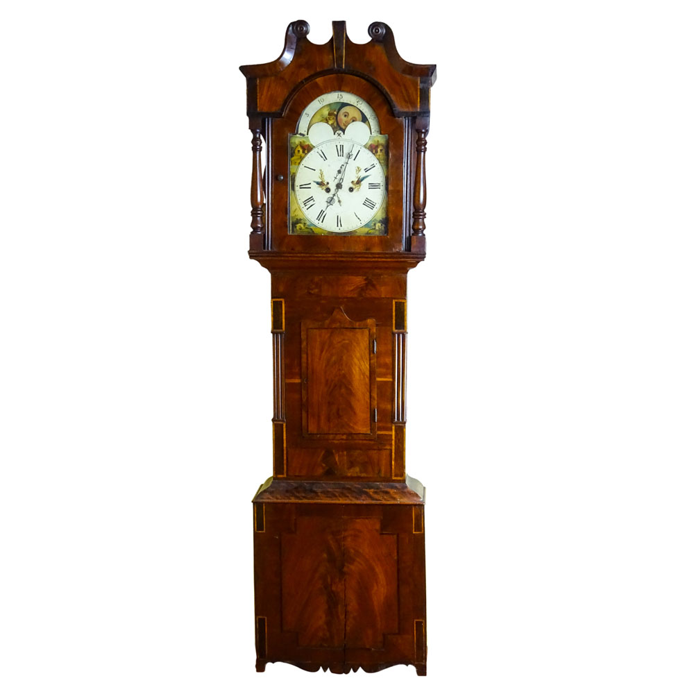 Circa 1820 Scottish Mahogany Tall Case Clock With Painted Moon Phase Dial. Unsigned. Missing