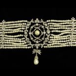 Edwardian Diamond, Pearl and Platinum Choker Necklace. Set throughout with approx. 9.0 Carat Rose