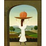 Suzanne Boland van de Weghe (b 1910) Oil on Canvas "Girl With Pumpkin" Signed lower right. Good