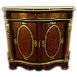 19/20th Century French Bronze Mounted 2 Door Boule Style Cabinet With Later Marble Top. Unsigned.