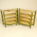 Pair of early to mid 20th Century Louis XV style distress painted wood etageres. Unsigned.