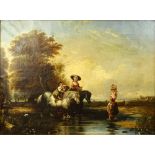 Early 19th Century English Oil on Canvas "Crossing The Stream". Unsigned. Antique repair, small tear