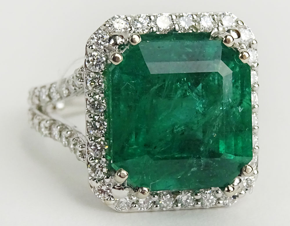 GIA Certified 9.71 Carat Octagonal Step Cut Emerald, approx. 1.21 Carat Round Cut Diamond and 18 - Image 2 of 5