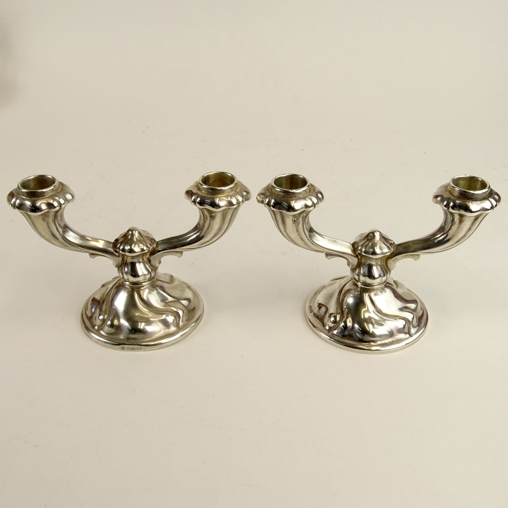 Pair German 835 Silver 2 Light Candlesticks. Signed 835. Light dings, bottoms with metal plates.