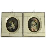 Pair of antique German hand painted Ivory miniature portraits of Ladies. In ivory inlaid frames.