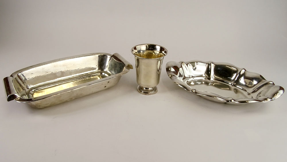 Lot of Three (3) German Silver Tabletop Items. Includes a rectangular bread server, signed 835; a