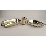 Lot of Three (3) German Silver Tabletop Items. Includes a rectangular bread server, signed 835; a