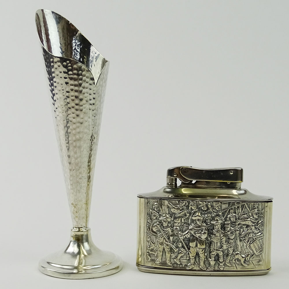 Two (2) Sterling Silver Table Items. A Bud Vase Hand Hammered, signed AM 900 in a figural Boot 6"