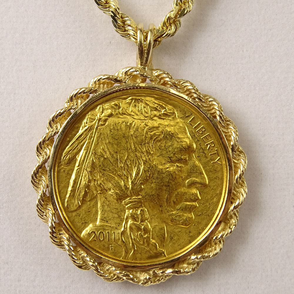 24 Karat Yellow Gold Buffalo Gold Coin Pendant in Gold Bezel and with 14 Karat Yellow Gold Rope - Image 2 of 6