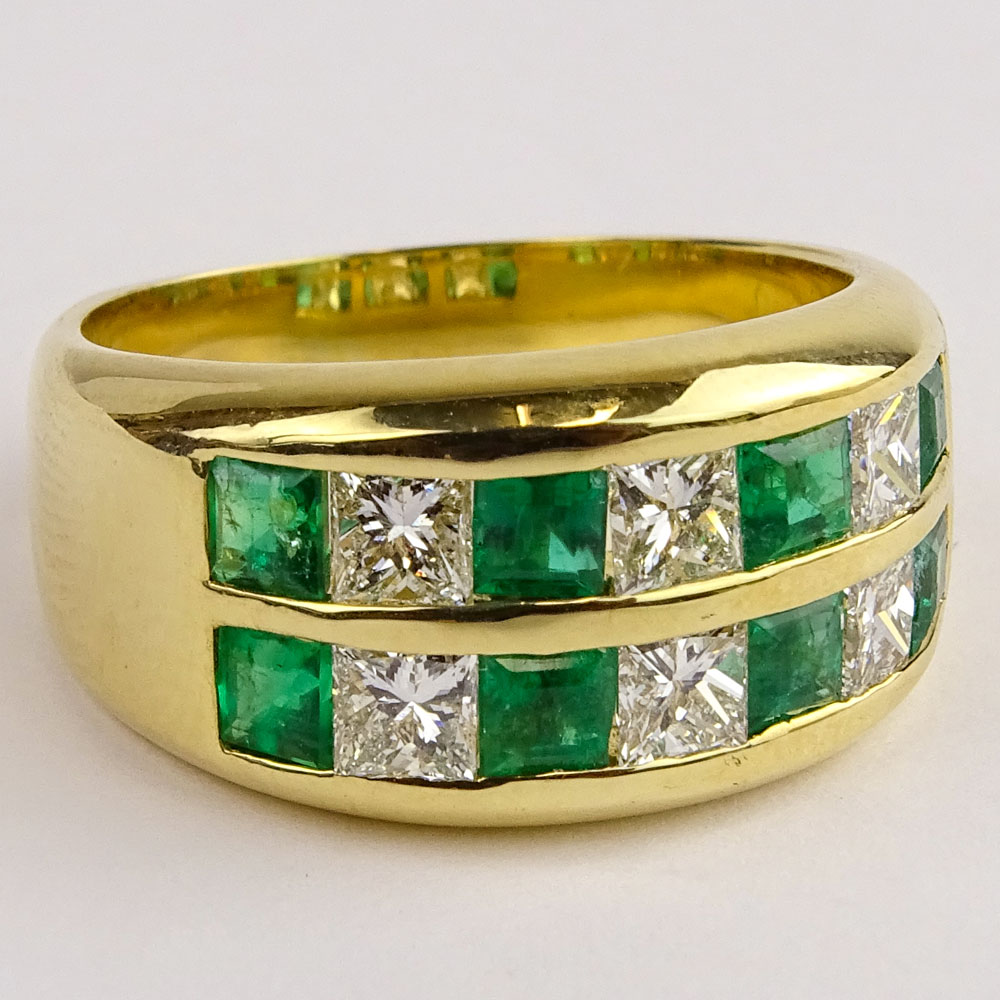 Lady's Fine Emerald, Diamond and 18 Karat Yellow Gold Ring. Emeralds with vivid saturation of color.