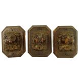 Lot of 3 Antique French Oak Carvings. French shipping labels en verso. Rubbing, minor wood losses.