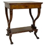 18/19th C French Inlaid Mahogany Sewing Table. The compartmental interior supported on two Lyre