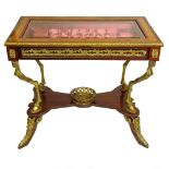 Modern Bronze Mounted Inlaid Mahogany Vitrine Table. Unsigned. Minor veneer lifting otherwise good