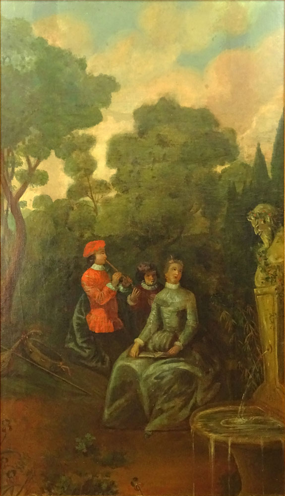 17th Century Style French Boiserie Oil on Canvas. "Garden Landscape With Figures" Unsigned. Good