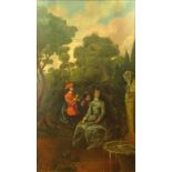17th Century Style French Boiserie Oil on Canvas. "Garden Landscape With Figures" Unsigned. Good