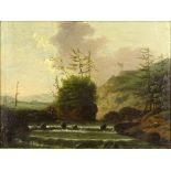 after: Marco Ricci, Italian (1676-1729) Oil on Cradled Panel "Landscape With Figures Along A Steam".