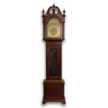 Antique German Grandfather Clock Retailed by Hershede. Mahogany Bonnet Top Case with Urn Finials and