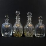 2 Pair Vintage Glass Liquor Decanters, each with sterling silver labels. Decanters Unsigned. Used