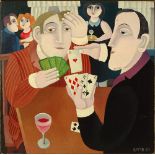 Bruno Epple, German (20th century) Oil on masonite "Card Players" Signed Epple '80. Label en