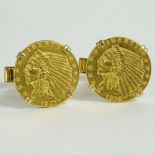 Men's Tiffany & Co 14 Karat Yellow Gold Mounted Indian Head Quarter Eagle Cufflinks. Stamped.