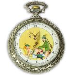 Antique Doxa Erotic Oversize Pocket watch. Chased train design on back of case. Artist signature