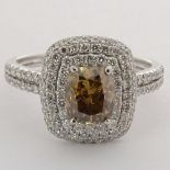 AIG Certified 1.18 Carat Cushion Cut Fancy Brown Diamond and 18 Karat White Gold Ring Accented