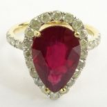 GGA Certified 5.61 Carat Pear Shape Ruby and 14 Karat Yellow Gold Ring Accented with 1.09 Carat