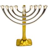 Mid Century Chrome and Brass Menorah. Unsigned. Good vintage condition. Measures 13-3/4" H x 14"