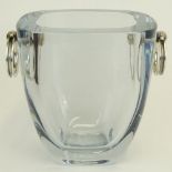 Mid Century Stromberg Shyttan Heavy Ice Blue Crystal Ice Bucket with Silver Ring Handles. Signed.