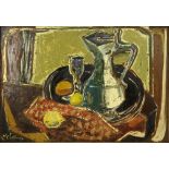 Mid-Century Cubist School Oil on masonite "Still Life. Signed lower left S. McCullough. Good