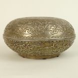 Vintage Large Chinese Round Covered Box. Unusual metallic/silvered glaze to replicate a metal box.