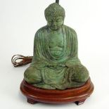 Chinese Archaistic Bronze Buddha Attached as a Lamp on Wooden Platform. Very Good Condition.