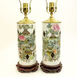 Pair of 19/20th C. Chinese Porcelain Hat Stands Lamps. The pair of porcelain hat stands depicts