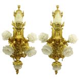 Large and Heavy French Gilt Bronze Six (6) Light Sconces with Finely Cast Relief Bacchus Masks and