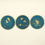 Set of Three (3) Vintage Rosenthal Hand painted Plates. Gilt birds on turquoise matte ground.